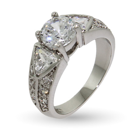 Wide Band CZ Engagement Ring with Triangle CZ Accents