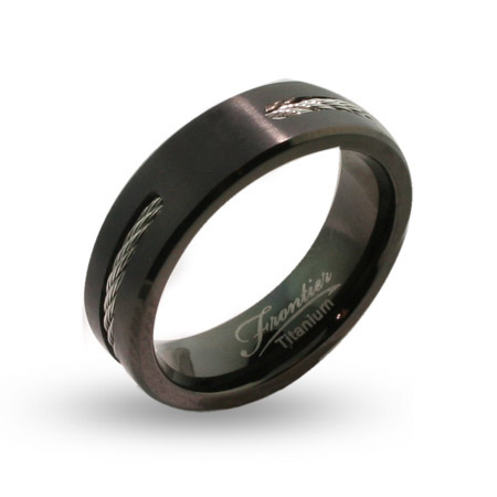 Mens Engravable Black Titanium Signet Ring with Cable Inlay