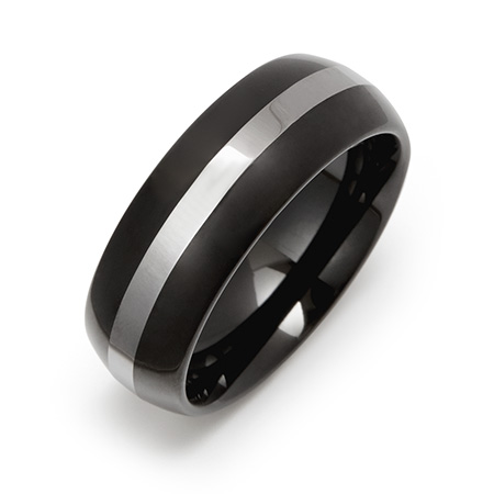 Men's Engravable Black Plate Tungsten Ring with Silver Stripe