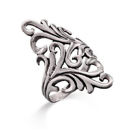 Long Ornate Design Sterling Silver Ring