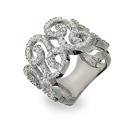 Elegant Sterling Silver Diamond CZ Scroll Right Hand Ring