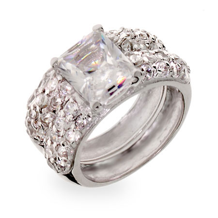 Scott Kay Inspired Emerald Cut CZ Sterling Silver Wedding Ring Set