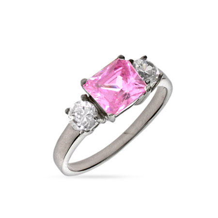 Pink and White CZ Sterling Silver Three Stone Ring