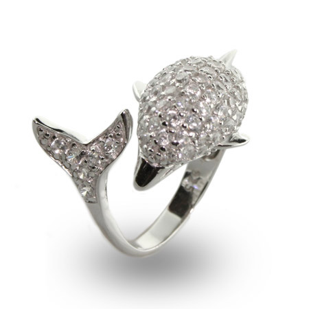 Dolphin Rings on Silver Jewelry   Sparking Diamond Cz Dolphin Wrap Cocktail Ring
